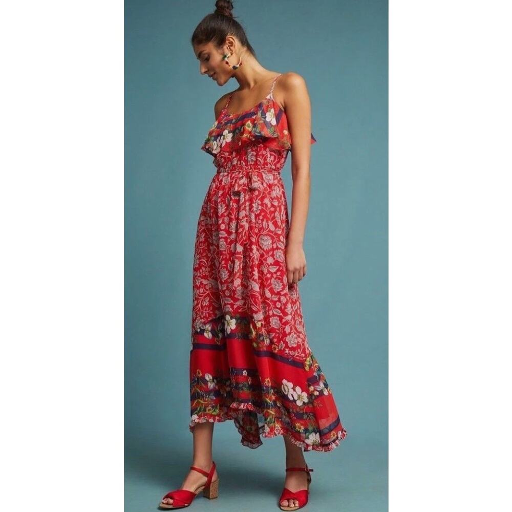 Anthropologie Zuri Womens Spaghetti Strap Lined Ruffle Floral Red Midi Dress XS
